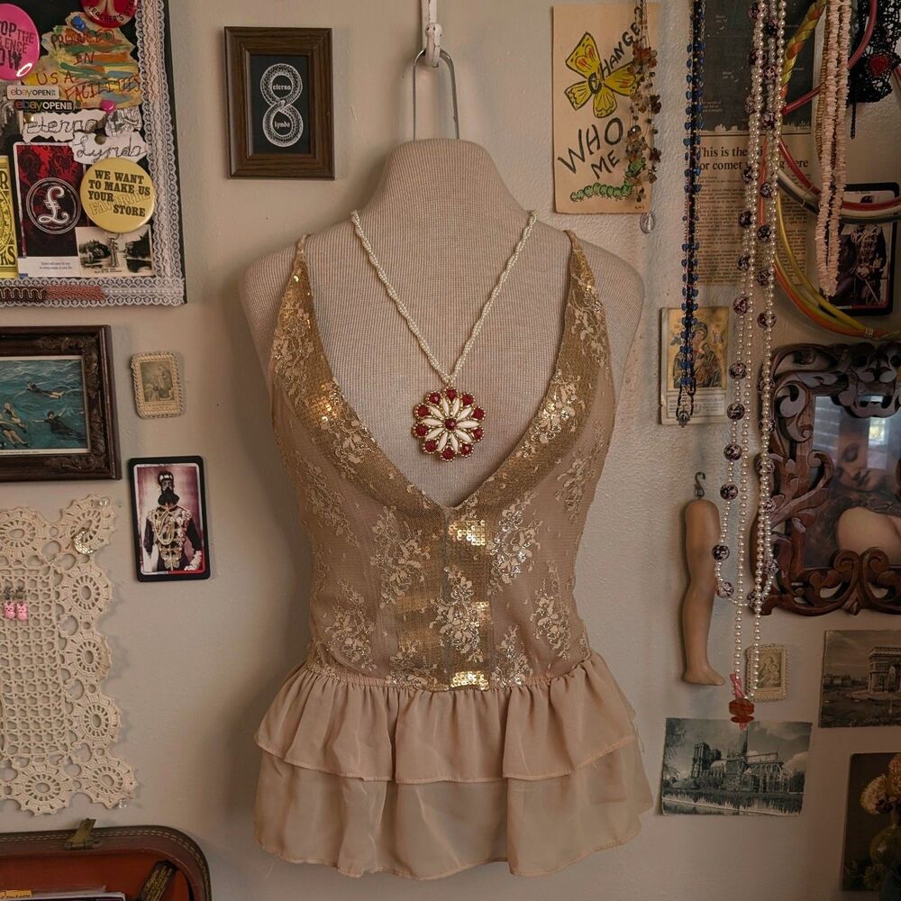 Vintage Sparkly Lace Peplum Sleeveless Blouse Women's XS/Small Beige
